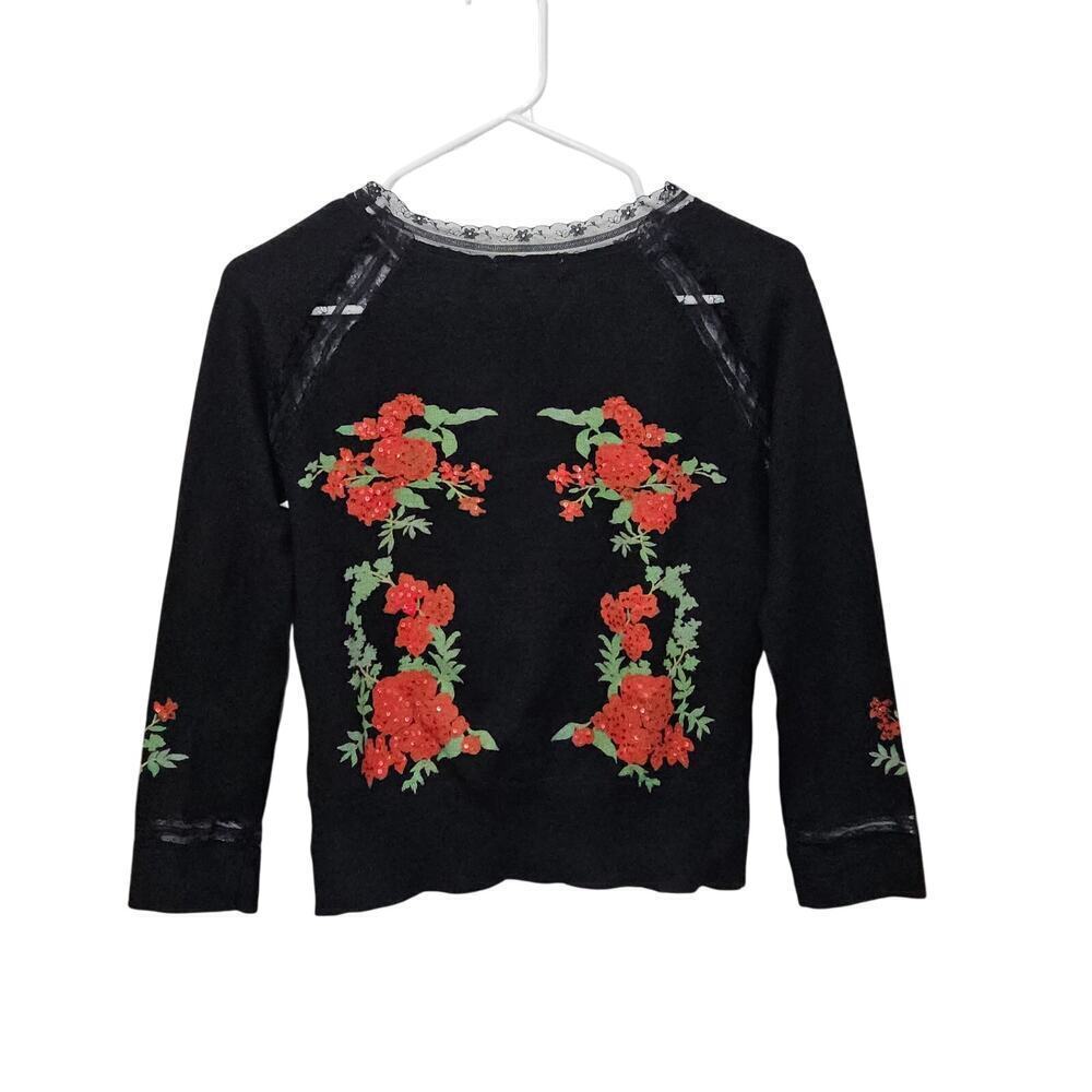 Black Floral Cardigan Sweater Lace Trim Beaded Diamond Buttons 3/4 Sleeves Sz M